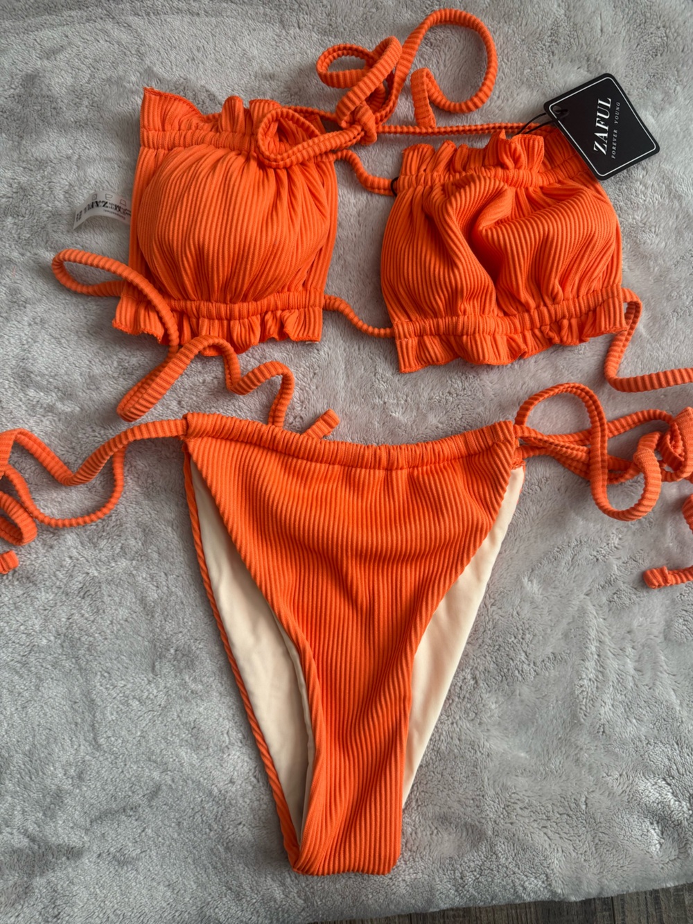 Zaful Orange Ribbed String Bikini Set